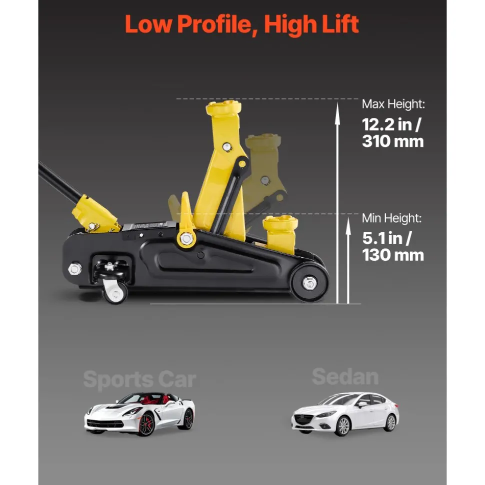 VEVOR Low Profile Floor Jack, 1.5 Ton (3300 lbs) Capacity, Steel Racing Floor Jack with Single Piston Quick Lift Pump, Hydraulic Trolley Car Lift for Sports Cars, Sedans, Lifting Range 5.1-12.2 Inches