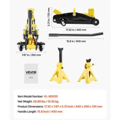VEVOR Low Profile Floor Jack, 2 Ton (4400 lbs) Capacity, Steel Racing Floor Jack with Stands, Single Piston Quick Lift Pump, Hydraulic Trolley Car Lift for Compact SUVs, Lifting Range 5.1-12.2 Inches