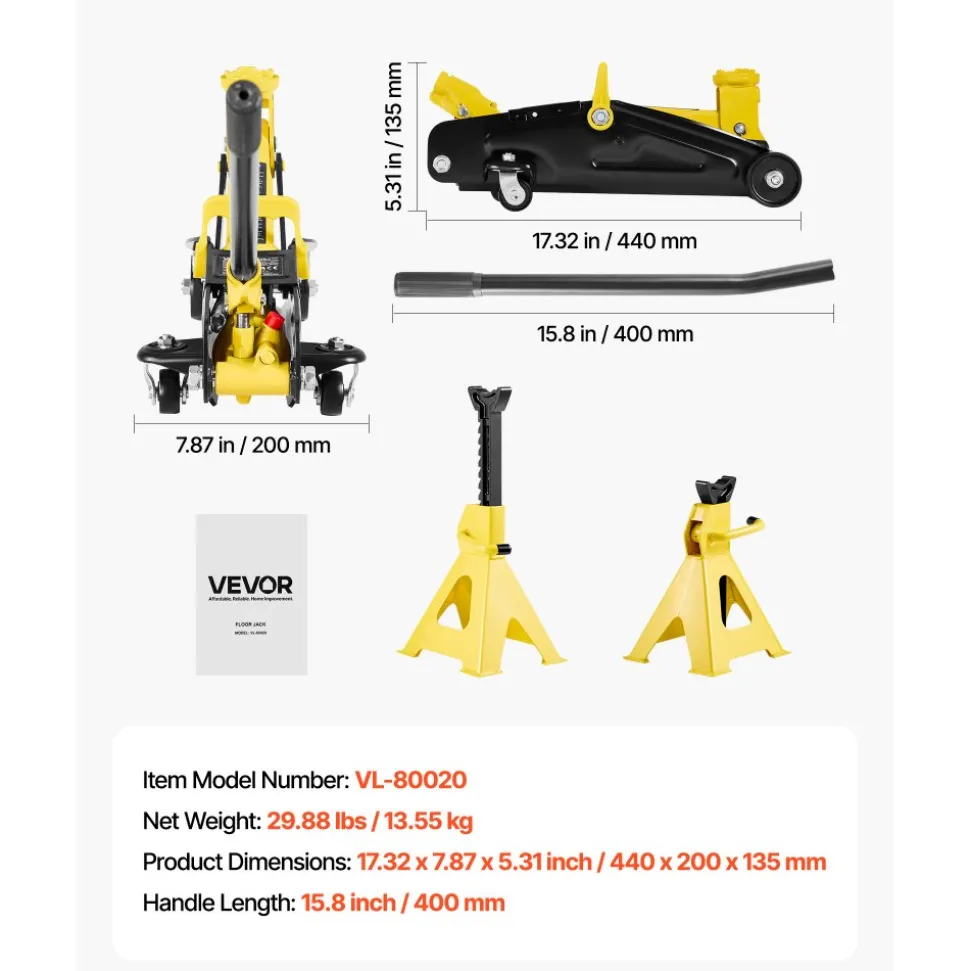 VEVOR Low Profile Floor Jack, 2 Ton (4400 lbs) Capacity, Steel Racing Floor Jack with Stands, Single Piston Quick Lift Pump, Hydraulic Trolley Car Lift for Compact SUVs, Lifting Range 5.1-12.2 Inches