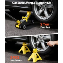VEVOR Low Profile Floor Jack, 2 Ton (4400 lbs) Capacity, Steel Racing Floor Jack with Stands, Single Piston Quick Lift Pump, Hydraulic Trolley Car Lift for Compact SUVs, Lifting Range 5.1-12.2 Inches