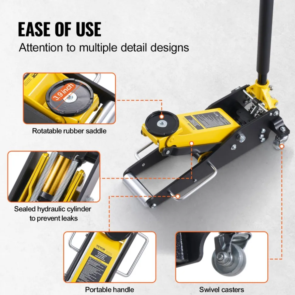 VEVOR Low Profile Floor Jack 2 Ton (4400 lbs) , Heavy Duty Aluminum Hydraulic Racing Floor Jack, Hydraulic Car Jack, Dual Piston Quick Lift Pump, 3.2"-14.6" Height Lifting Range (Yellow)