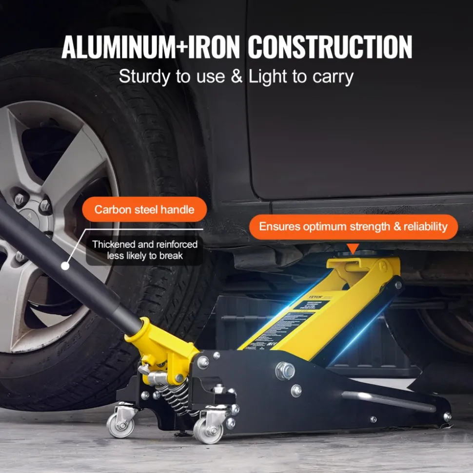 VEVOR Low Profile Floor Jack 2 Ton (4400 lbs) , Heavy Duty Aluminum Hydraulic Racing Floor Jack, Hydraulic Car Jack, Dual Piston Quick Lift Pump, 3.2"-14.6" Height Lifting Range (Yellow)