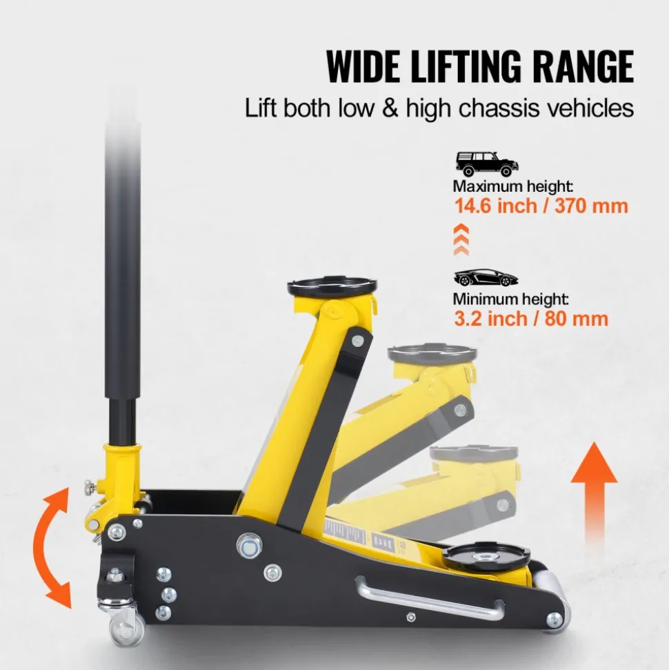 VEVOR Low Profile Floor Jack 2 Ton (4400 lbs) , Heavy Duty Aluminum Hydraulic Racing Floor Jack, Hydraulic Car Jack, Dual Piston Quick Lift Pump, 3.2"-14.6" Height Lifting Range (Yellow)