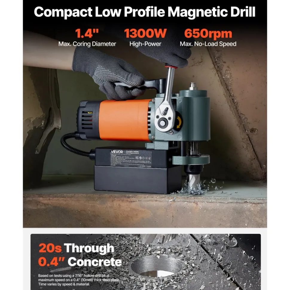 VEVOR Low Profile Magnetic Drill Press, 1300 W, 1.4 in Boring Diameter, 2248 lbf Power Portable Mag Drill Press, 650RPM Speed, with Weldon Shank, for Metal Surface, Industrial and Home Improvement
