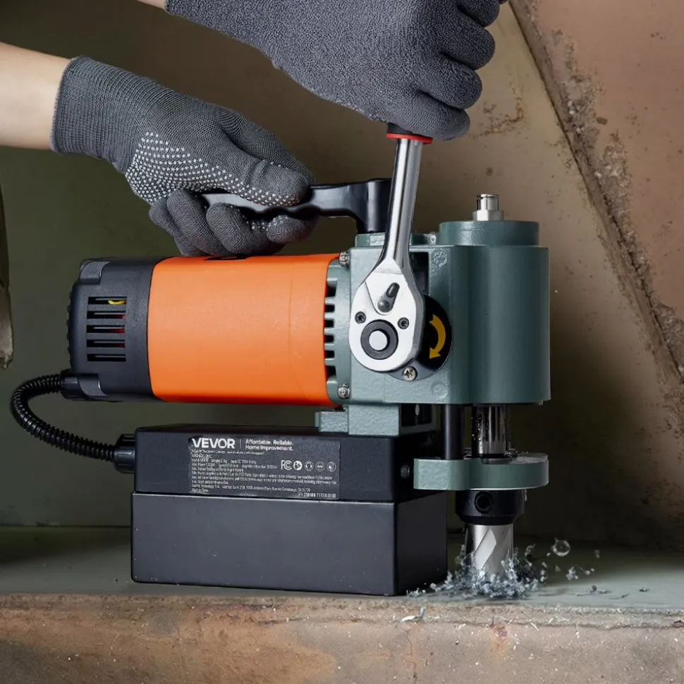 VEVOR Low Profile Magnetic Drill Press, 1300 W, 1.4 in Boring Diameter, 2248 lbf Power Portable Mag Drill Press, 650RPM Speed, with Weldon Shank, for Metal Surface, Industrial and Home Improvement