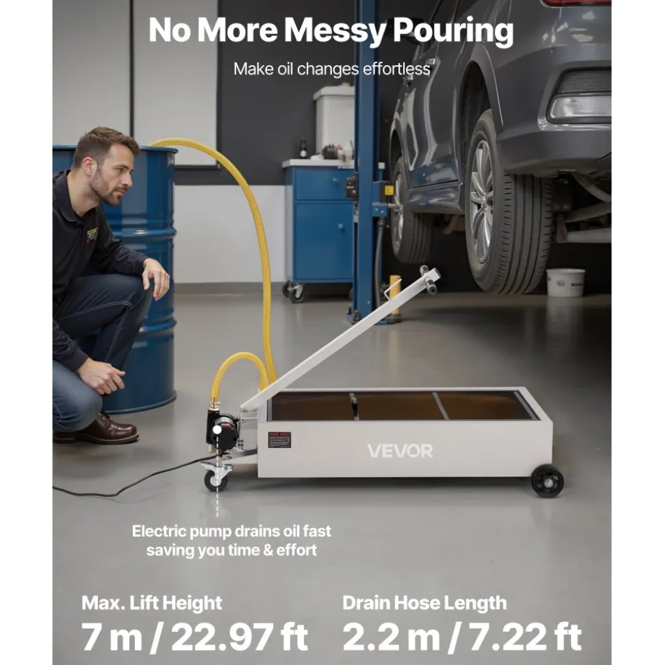 VEVOR Low Profile Oil Drain Pan, 20 Gallon Capacity, Rolling Oil Drain Pan with Electric Pump, 7.2 ft Hose & T Folding Handle, Leak-proof & Corrosion-resistant, Fit for Cars, SUVs, Trucks, ATVs, White