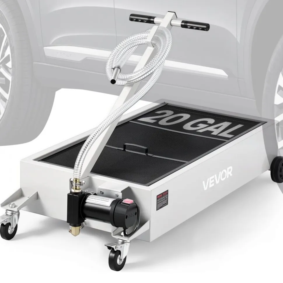 VEVOR Low Profile Oil Drain Pan, 20 Gallon Capacity, Rolling Oil Drain Pan with Electric Pump, 7.2 ft Hose & T Folding Handle, Leak-proof & Corrosion-resistant, Fit for Cars, SUVs, Trucks, ATVs, White