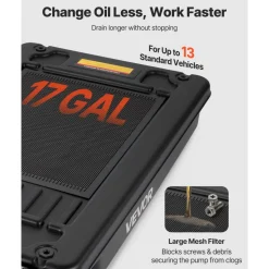 VEVOR Low Profile Oil Drain Pan, 17 Gallon Capacity, Rolling Oil Drain Pan with Electric Pump, 7.2 ft Hose & T Folding Handle, Leak-proof & Corrosion-resistant, Fit for Cars, SUVs, Trucks, ATVs, Black