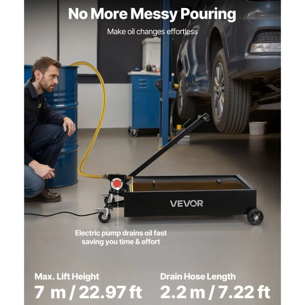 VEVOR Low Profile Oil Drain Pan, 15 Gallon Capacity, Rolling Oil Drain Pan with Electric Pump & 7.2 ft Hose, Leak-proof & Corrosion-resistant, Fit for Cars, SUVs, Trucks, Motorcycles, ATVs, Metal
