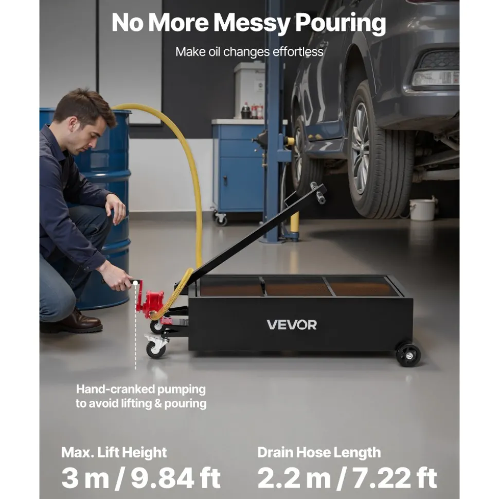 VEVOR Low Profile Oil Drain Pan, 25 Gallon Capacity, Rolling Oil Drain Pan with Manual Pump, 7.2 ft Hose & T Folding Handle, Leak-proof & Corrosion-resistant, Fit for Cars, SUVs, Trucks, ATVs, Black