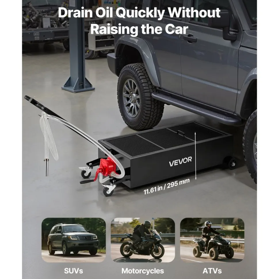 VEVOR Low Profile Oil Drain Pan, 25 Gallon Capacity, Rolling Oil Drain Pan with Manual Pump, 7.2 ft Hose & T Folding Handle, Leak-proof & Corrosion-resistant, Fit for Cars, SUVs, Trucks, ATVs, Black