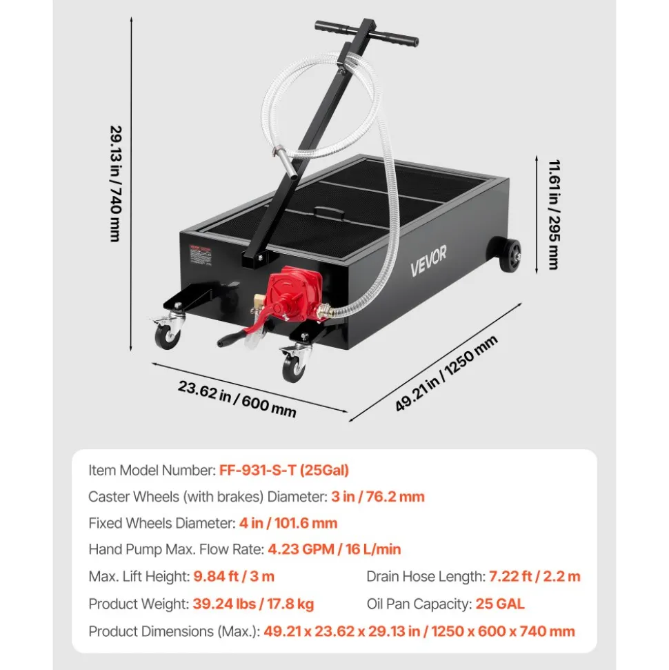 VEVOR Low Profile Oil Drain Pan, 25 Gallon Capacity, Rolling Oil Drain Pan with Manual Pump, 7.2 ft Hose & T Folding Handle, Leak-proof & Corrosion-resistant, Fit for Cars, SUVs, Trucks, ATVs, Black
