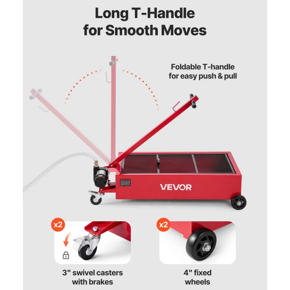 VEVOR Low Profile Oil Drain Pan, 17 Gallon Capacity, Rolling Oil Drain Pan with Electric Pump, 7.2 ft Hose & T Folding Handle, Leak-proof & Corrosion-resistant, Fit for Cars, SUVs, Trucks, ATVs, Red