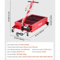 VEVOR Low Profile Oil Drain Pan, 17 Gallon Capacity, Rolling Oil Drain Pan with Electric Pump, 7.2 ft Hose & T Folding Handle, Leak-proof & Corrosion-resistant, Fit for Cars, SUVs, Trucks, ATVs, Red