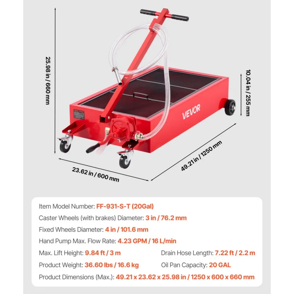 VEVOR Low Profile Oil Drain Pan, 20 Gallon Capacity, Rolling Oil Drain Pan with Manual Pump, 7.2 ft Hose & T Folding Handle, Leak-proof & Corrosion-resistant, Fit for Cars, SUVs, Trucks, ATVs, Red