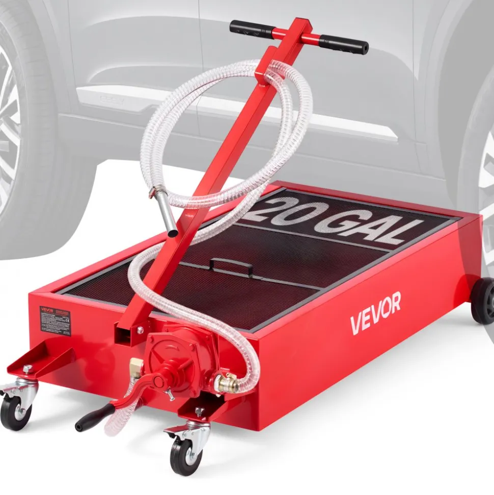 VEVOR Low Profile Oil Drain Pan, 20 Gallon Capacity, Rolling Oil Drain Pan with Manual Pump, 7.2 ft Hose & T Folding Handle, Leak-proof & Corrosion-resistant, Fit for Cars, SUVs, Trucks, ATVs, Red