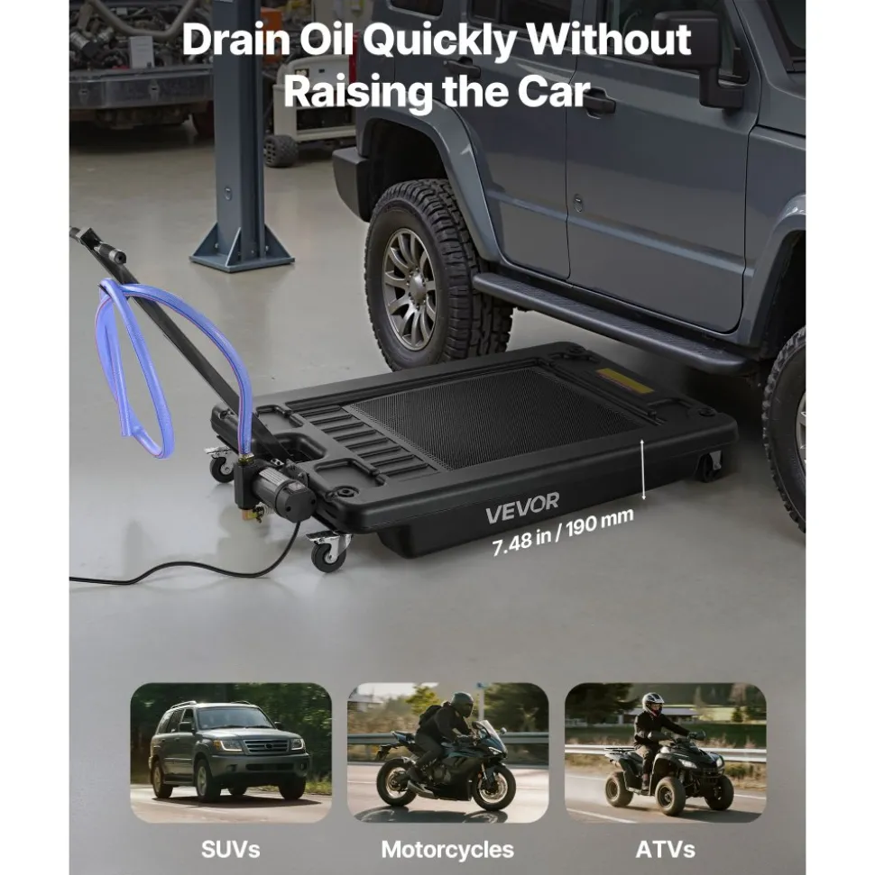 VEVOR Low Profile Oil Drain Pan, 17 Gallon Capacity, Rolling Oil Drain Pan with Electric Pump & 7.2 ft Hose, Leak-proof & Corrosion-resistant, Fit for Cars, SUVs, Trucks, Motorcycles, ATVs, Metal