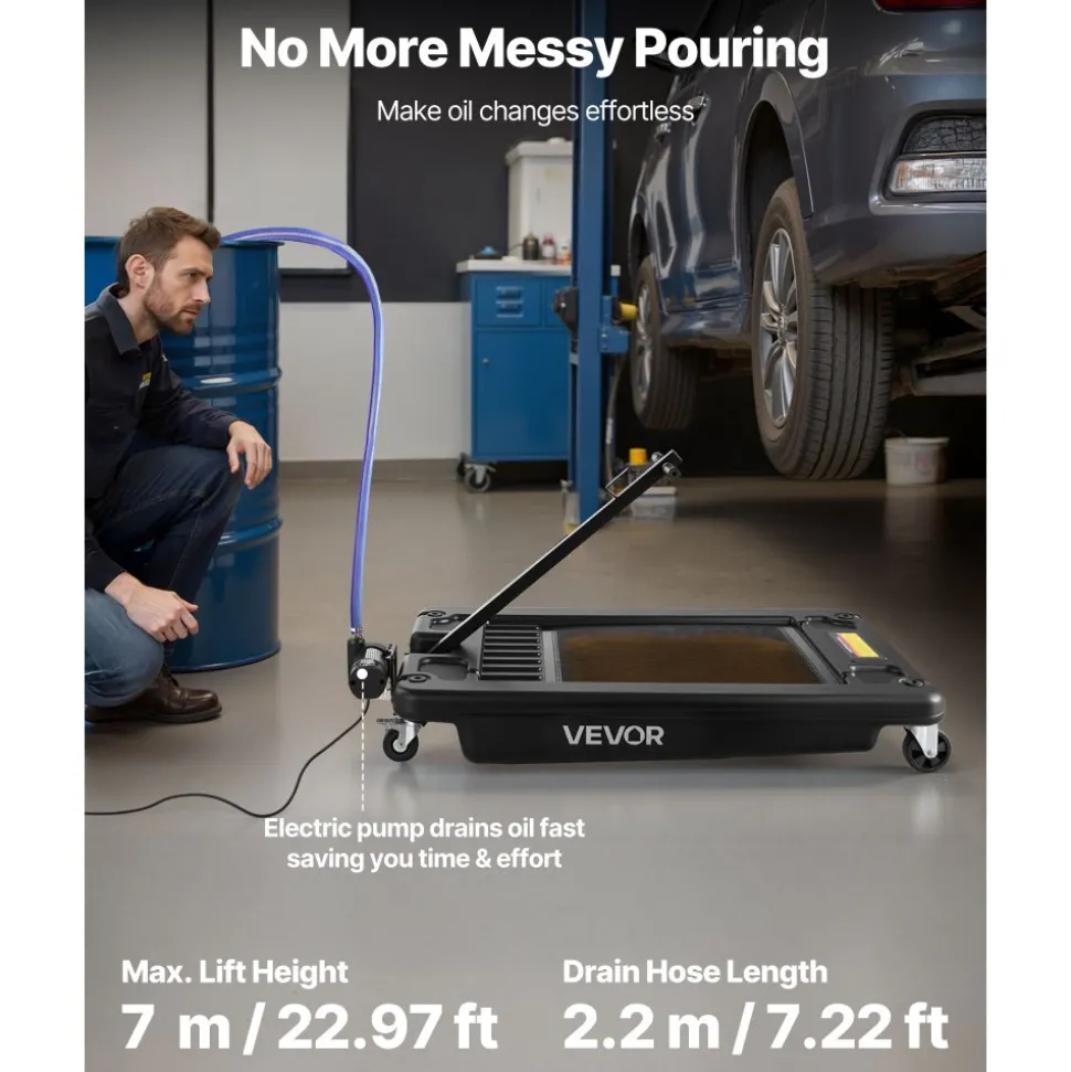VEVOR Low Profile Oil Drain Pan, 17 Gallon Capacity, Rolling Oil Drain Pan with Electric Pump & 7.2 ft Hose, Leak-proof & Corrosion-resistant, Fit for Cars, SUVs, Trucks, Motorcycles, ATVs, Metal