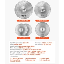 VEVOR Low Volume Cymbal Pack, 4 Pieces Quiet Cymbals for Drum Set, Alloy Cymbals Drum Set Includes 14-inch Hi-Hats, 16-inch Crash, 18-inch Crash, 20-inch Ride, Drumsticks & Cymbal Bag, Bright Copper