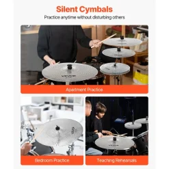 VEVOR Low Volume Cymbal Pack, 4 Pieces Quiet Cymbals for Drum Set, Alloy Cymbals Drum Set Includes 14-inch Hi-Hats, 16-inch Crash, 18-inch Crash, 20-inch Ride, Drumsticks & Cymbal Bag, Bright Copper