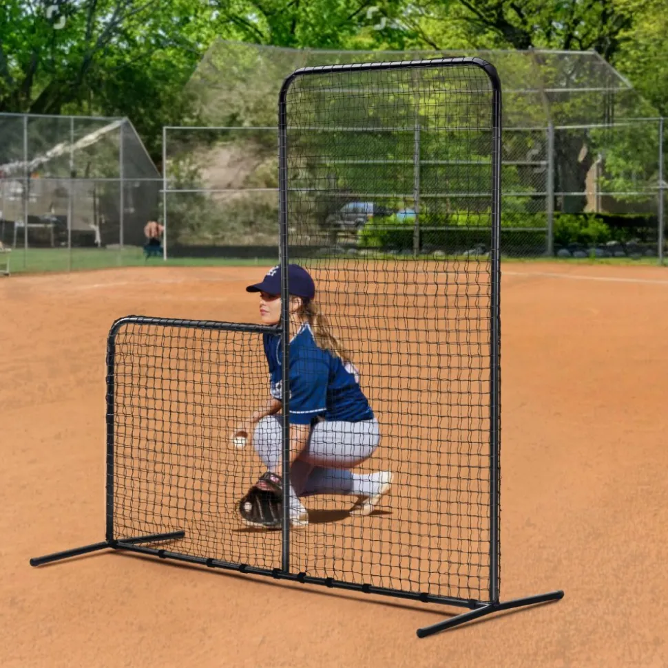VEVOR L Screen Baseball for Batting Cage, 7x7 ft Baseball Softball Safety Screen, Body Protector Portable Batting Screen with Carry Bag & Ground Stakes, Heavy Duty Pitching Net for Pitchers Protection