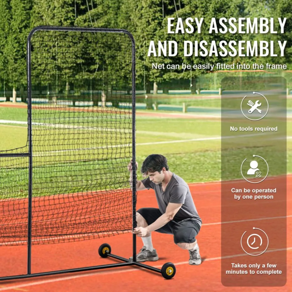 VEVOR L Screen Baseball for Batting Cage, 7x7 ft Softball Safety Screen, Body Protector Portable Batting Screen with Carry Bag, Wheels, Ground Stakes, Heavy Duty Pitching Net for Pitchers Protection
