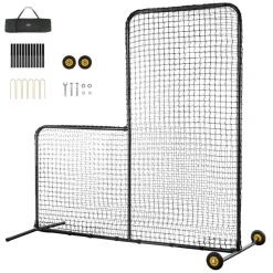 VEVOR L Screen Baseball for Batting Cage, 7x7 ft Softball Safety Screen, Body Protector Portable Batting Screen with Carry Bag, Wheels, Ground Stakes, Heavy Duty Pitching Net for Pitchers Protection
