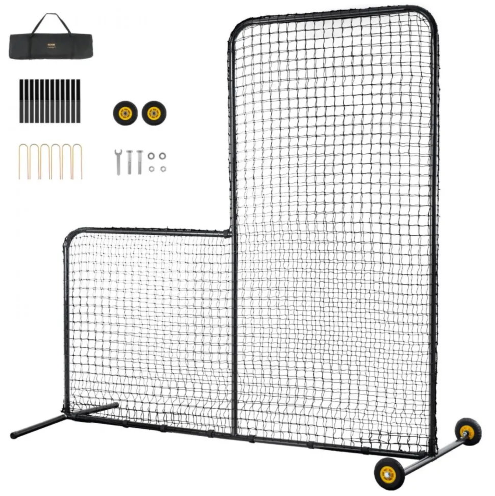 VEVOR L Screen Baseball for Batting Cage, 7x7 ft Softball Safety Screen, Body Protector Portable Batting Screen with Carry Bag, Wheels, Ground Stakes, Heavy Duty Pitching Net for Pitchers Protection