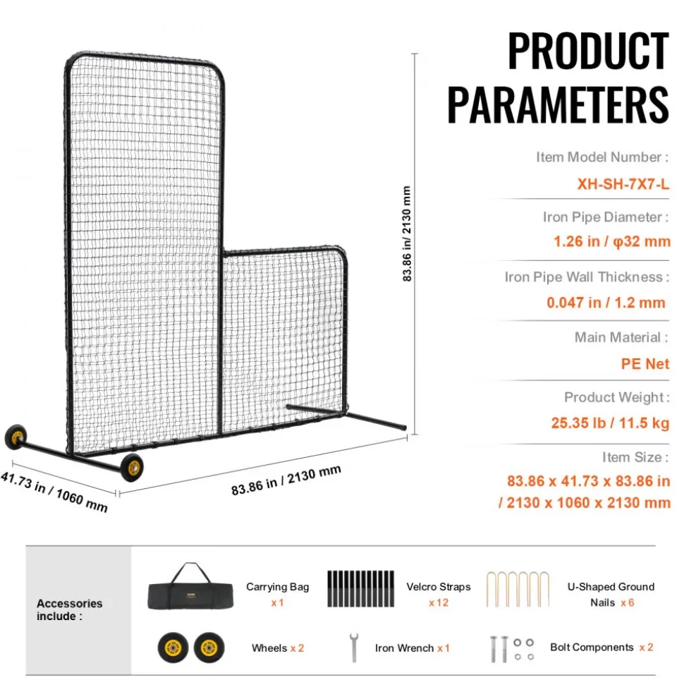 VEVOR L Screen Baseball for Batting Cage, 7x7 ft Softball Safety Screen, Body Protector Portable Batting Screen with Carry Bag, Wheels, Ground Stakes, Heavy Duty Pitching Net for Pitchers Protection