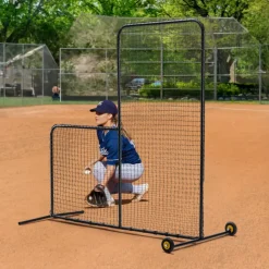VEVOR L Screen Baseball for Batting Cage, 7x7 ft Softball Safety Screen, Body Protector Portable Batting Screen with Carry Bag, Wheels, Ground Stakes, Heavy Duty Pitching Net for Pitchers Protection