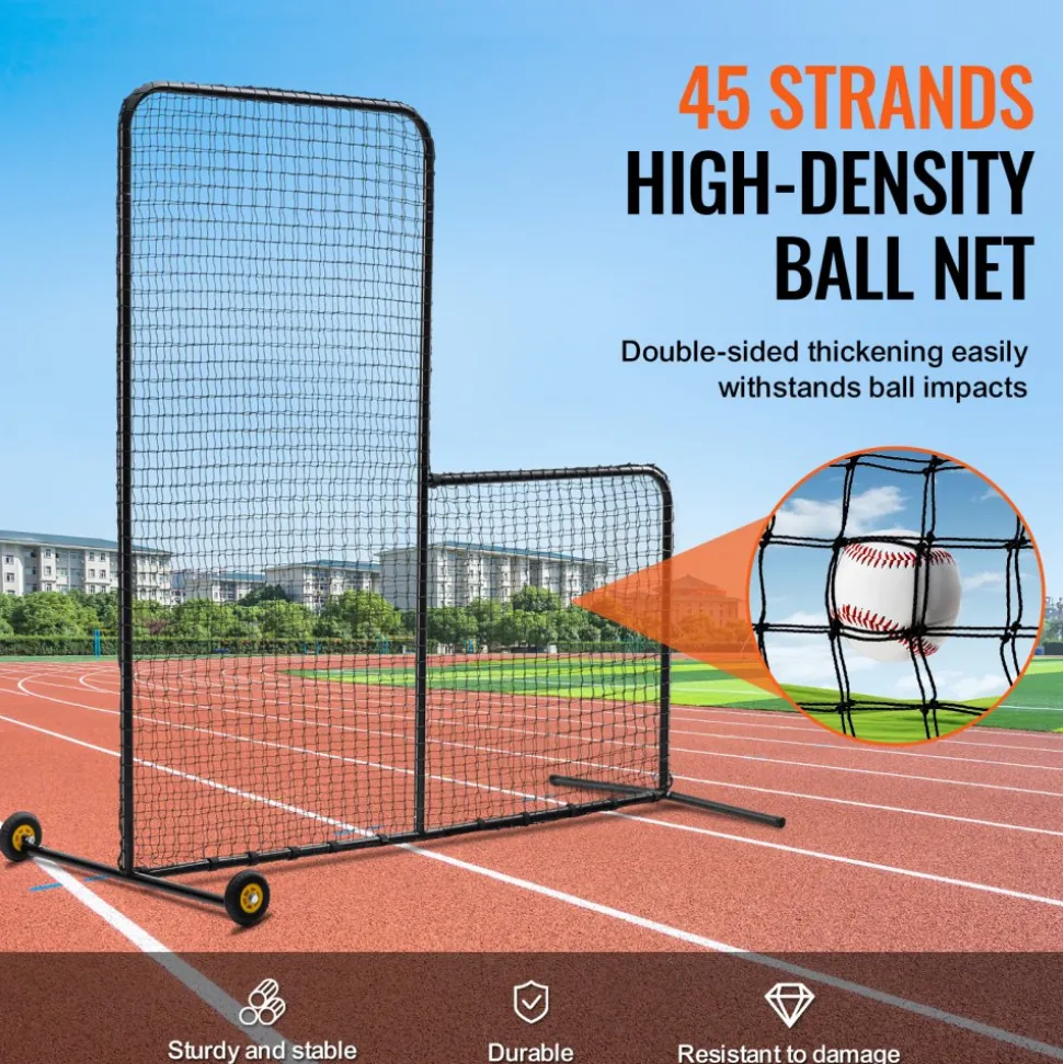 VEVOR L Screen Baseball for Batting Cage, 7x7 ft Softball Safety Screen, Body Protector Portable Batting Screen with Carry Bag, Wheels, Ground Stakes, Heavy Duty Pitching Net for Pitchers Protection