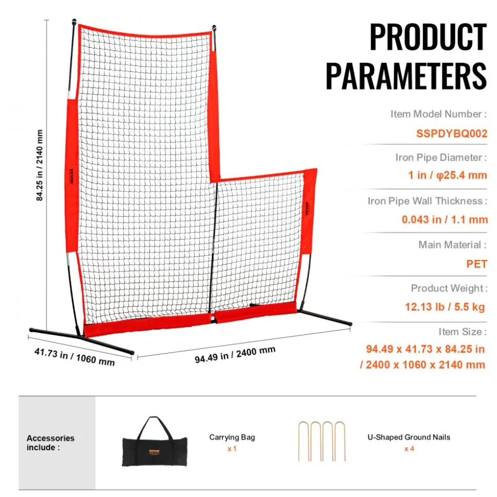 VEVOR L Screen Baseball for Batting Cage, 7x7 ft Baseball & Softball Safety Screen, Body Protector Portable Batting Screen with Carry Bag & Ground Stakes, Baseball Pitching Net for Pitchers Protection
