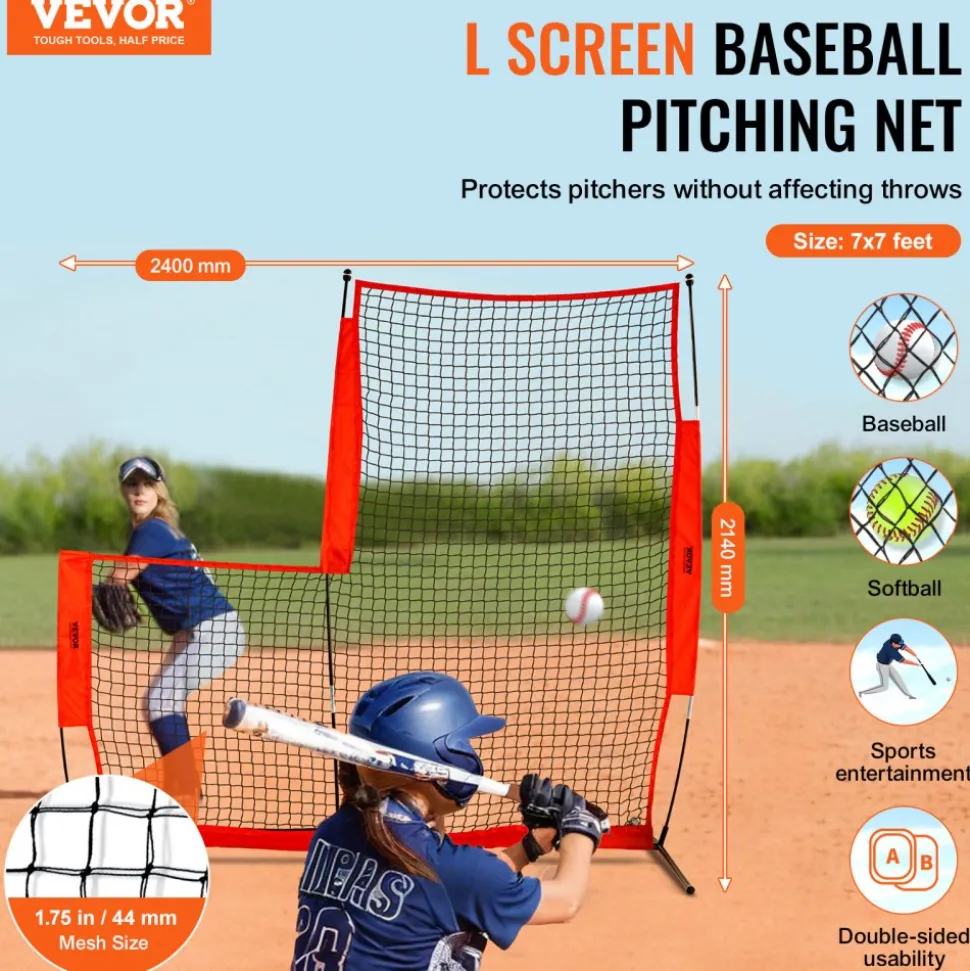 VEVOR L Screen Baseball for Batting Cage, 7x7 ft Baseball & Softball Safety Screen, Body Protector Portable Batting Screen with Carry Bag & Ground Stakes, Baseball Pitching Net for Pitchers Protection