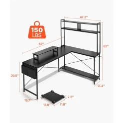 VEVOR L-Shaped Computer Desk, 67-inch Reversible Corner Gaming Desk with Monitor Stand & Movable CPU Stand, Modern Stylish PC Table Sturdy Work Workstation for Home Office - Easy to Assembly