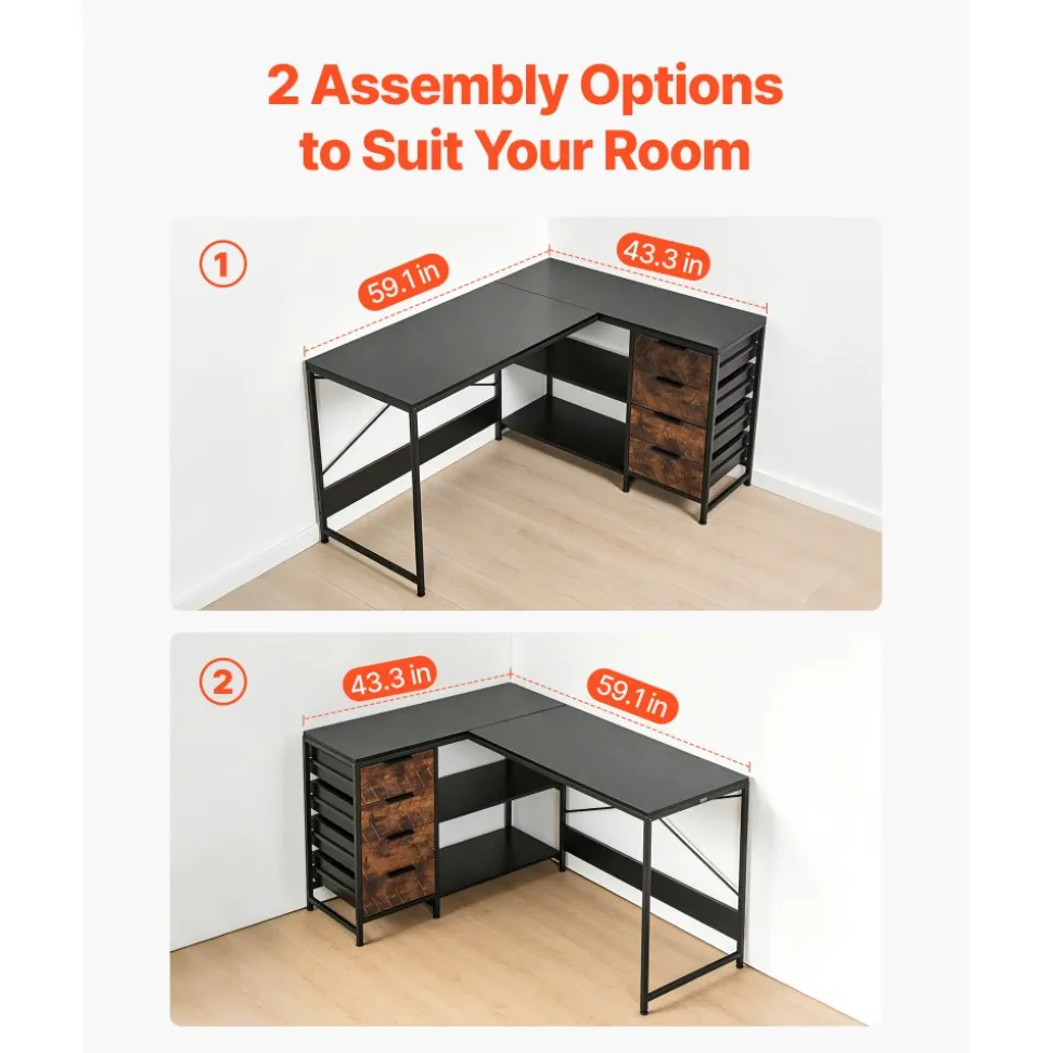 VEVOR L-Shaped Computer Desk, 59-inch Reversible Corner Gaming Desk with Drawers & Storage Shelves, Modern Stylish PC Table Sturdy Work Workstation for Home Office - Easy to Assembly