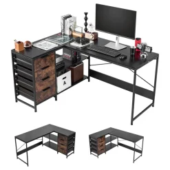 VEVOR L-Shaped Computer Desk, 59-inch Reversible Corner Gaming Desk with Drawers & Storage Shelves, Modern Stylish PC Table Sturdy Work Workstation for Home Office - Easy to Assembly