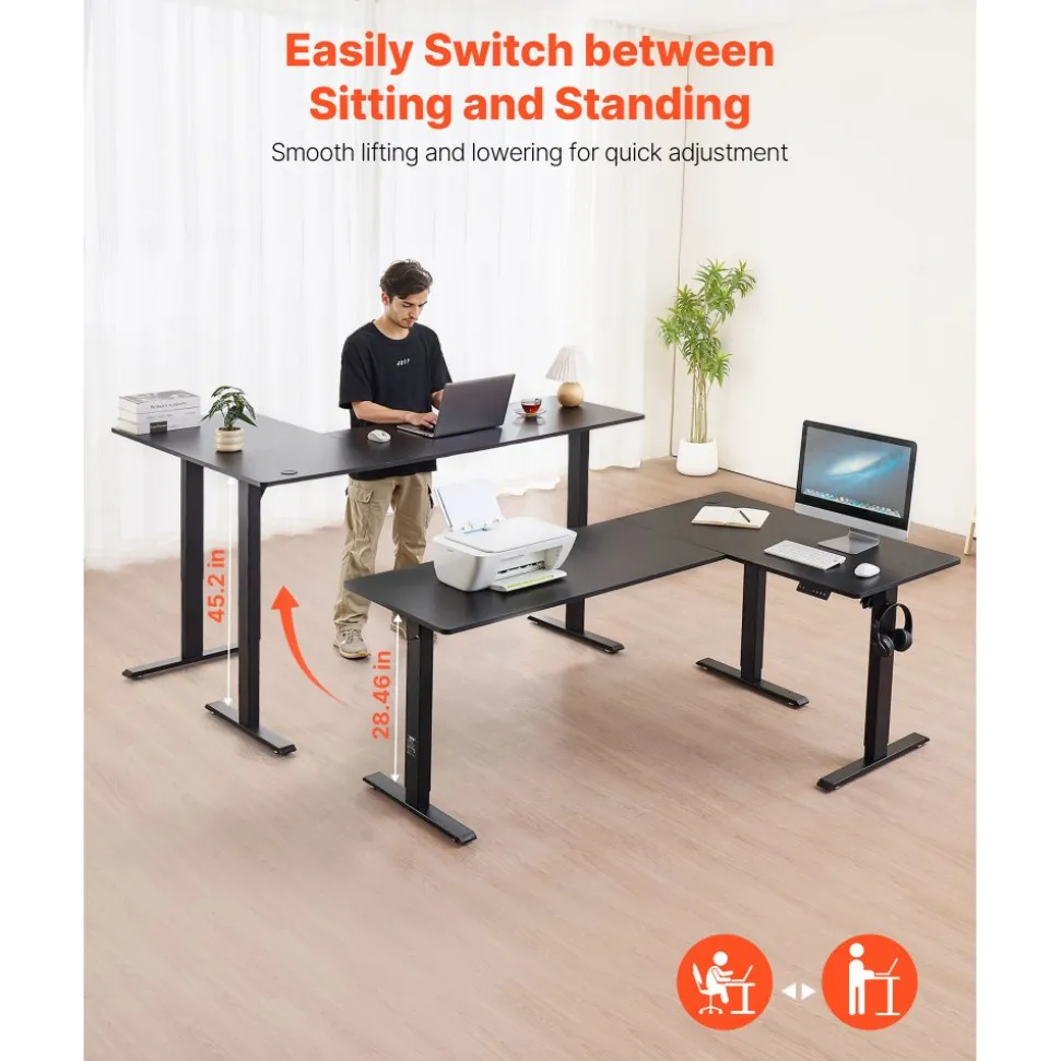 VEVOR L Shaped Desk, Electric Adjustable Height Corner Gaming Desk with CPU Stand, Dual Hooks and Fabric Drawers, L-Shaped Computer Table with Light Strip for Home Office, Easy to Assemble, Black