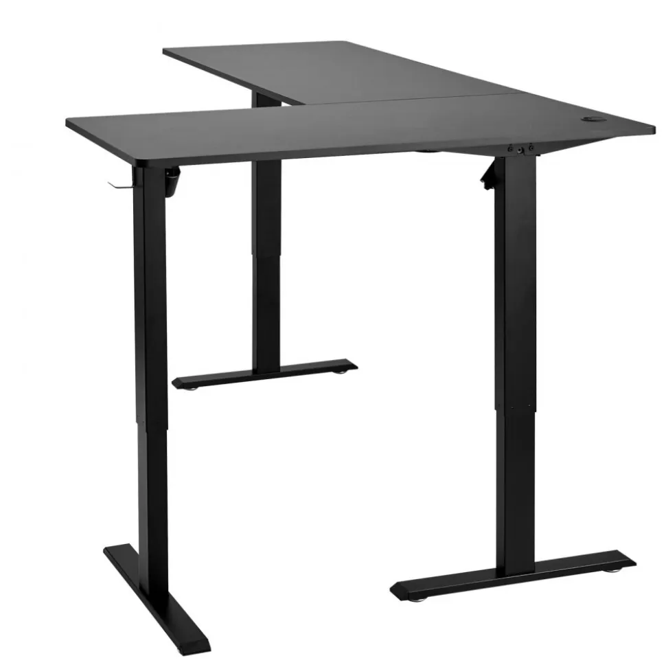VEVOR L Shaped Desk, Electric Adjustable Height Corner Gaming Desk with CPU Stand, Dual Hooks and Fabric Drawers, L-Shaped Computer Table with Light Strip for Home Office, Easy to Assemble, Black