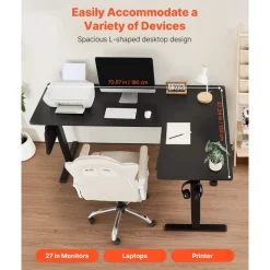 VEVOR L Shaped Desk, Electric Adjustable Height Corner Gaming Desk with CPU Stand, Dual Hooks and Fabric Drawers, L-Shaped Computer Table with Light Strip for Home Office, Easy to Assemble, Black