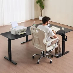 VEVOR L Shaped Desk, Electric Adjustable Height Corner Gaming Desk with CPU Stand, Dual Hooks and Fabric Drawers, L-Shaped Computer Table with Light Strip for Home Office, Easy to Assemble, Black