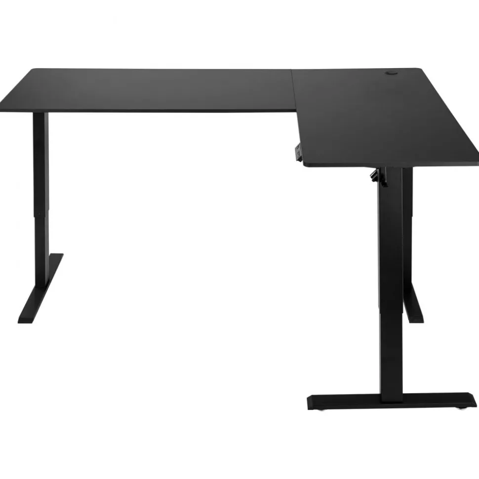 VEVOR L Shaped Desk, Electric Adjustable Height Corner Gaming Desk with CPU Stand, Dual Hooks and Fabric Drawers, L-Shaped Computer Table with Light Strip for Home Office, Easy to Assemble, Black