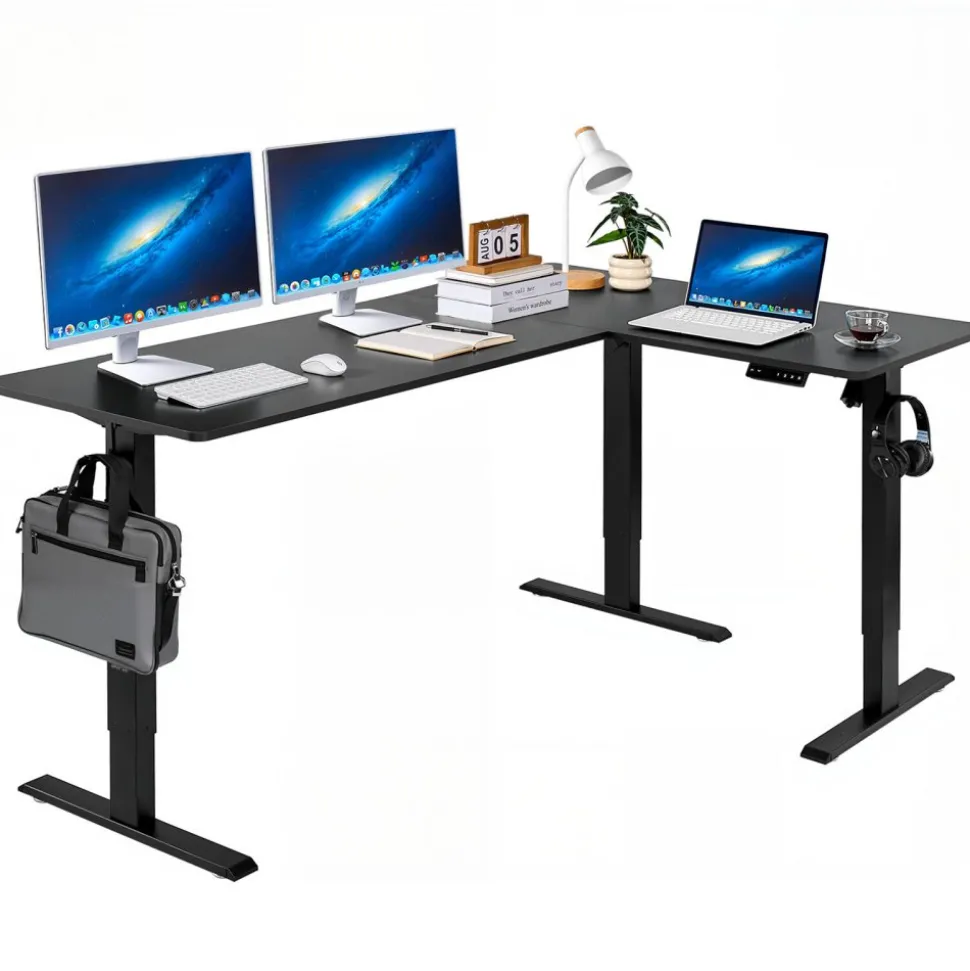 VEVOR L Shaped Desk, Electric Adjustable Height Corner Gaming Desk with CPU Stand, Dual Hooks and Fabric Drawers, L-Shaped Computer Table with Light Strip for Home Office, Easy to Assemble, Black