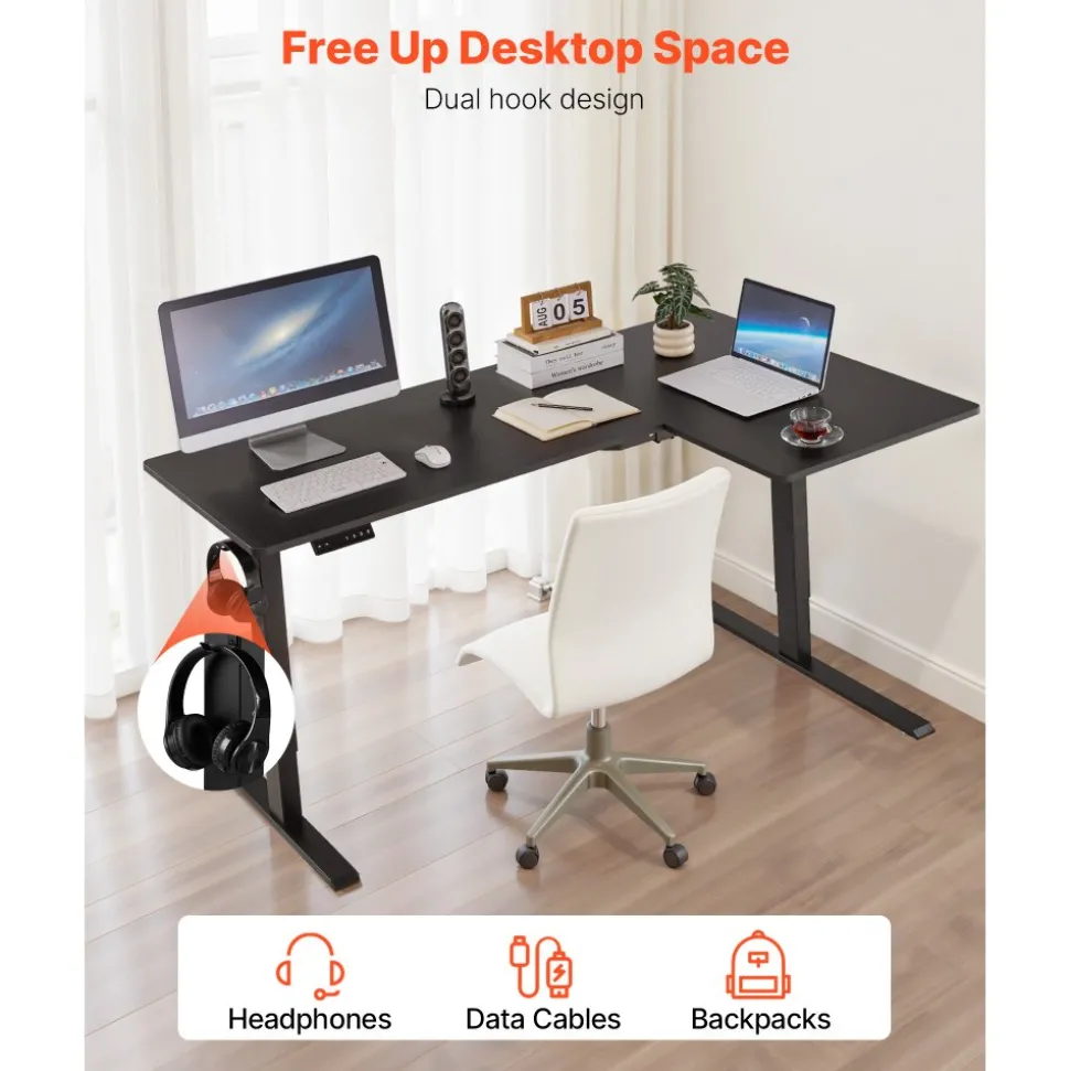 VEVOR L Shaped Desk, Electric Adjustable Height Corner Gaming Desk with Dual Hooks, Heavy Duty Carbon Steel L-Shaped Computer Table with Power Strip for Home, Office, Dorm, Easy to Assemble, Black