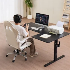 VEVOR L Shaped Desk, Electric Adjustable Height Corner Gaming Desk with Dual Hooks, Heavy Duty Carbon Steel L-Shaped Computer Table with Power Strip for Home, Office, Dorm, Easy to Assemble, Black