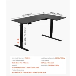 VEVOR L Shaped Desk, Electric Adjustable Height Corner Gaming Desk with Dual Hooks, Heavy Duty Carbon Steel L-Shaped Computer Table with Power Strip for Home, Office, Dorm, Easy to Assemble, Black