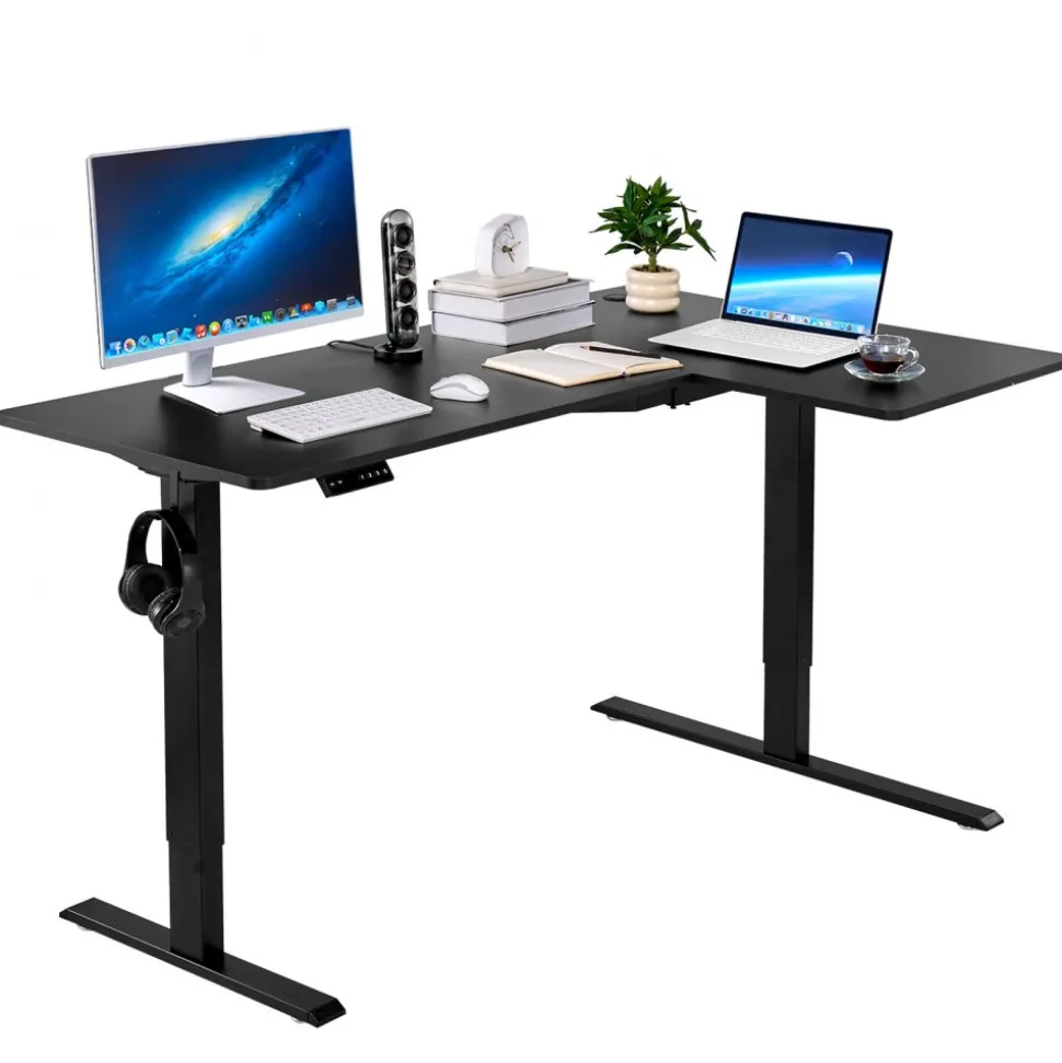 VEVOR L Shaped Desk, Electric Adjustable Height Corner Gaming Desk with Dual Hooks, Heavy Duty Carbon Steel L-Shaped Computer Table with Power Strip for Home, Office, Dorm, Easy to Assemble, Black