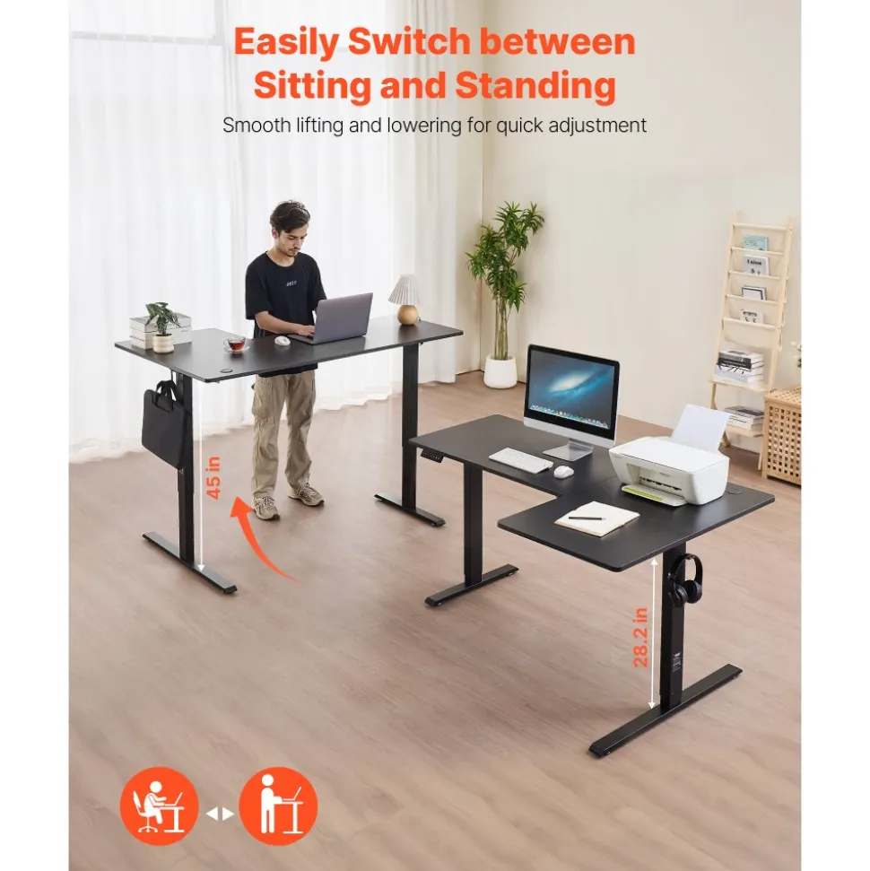 VEVOR L Shaped Desk, Electric Adjustable Height Corner Gaming Desk with Dual Hooks, Heavy Duty Carbon Steel L-Shaped Computer Table with Power Strip for Home, Office, Dorm, Easy to Assemble, Black
