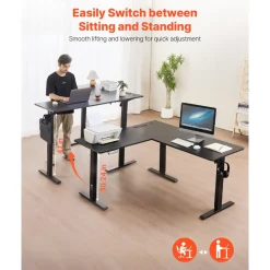 VEVOR L Shaped Desk, Electric Adjustable Height Corner Gaming Desk with Dual Hooks and Wheels, Heavy Duty Carbon Steel L-Shaped Computer Table with Power Strip for Home Office, Easy to Assemble, Black