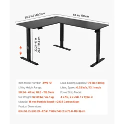 VEVOR L Shaped Desk, Electric Adjustable Height Corner Gaming Desk with Dual Hooks and Wheels, Heavy Duty Carbon Steel L-Shaped Computer Table with Power Strip for Home Office, Easy to Assemble, Black