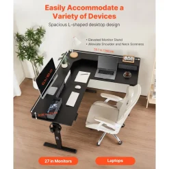 VEVOR L Shaped Desk, Electric Adjustable Height Corner Gaming Desk with CPU Stands, Dual Hooks and Fabric Drawers, L-Shaped Computer Table with Power Strip for Home Office, Easy to Assemble, Black